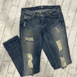 7 For All Mankind Roxanne Jeans Skinny Straight Distressed Mid-Rise Denim